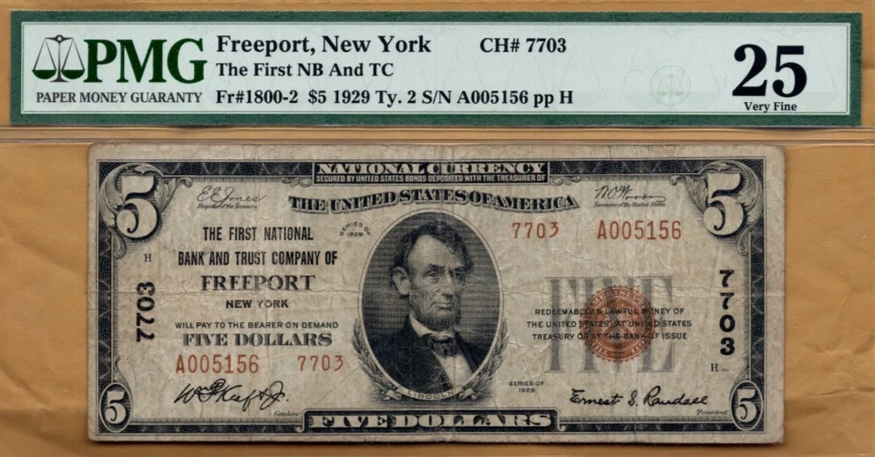 $5 1929 National Banknote Freeport, New York PMG Very  Fine 25 Nassau County - Image 1 of 2