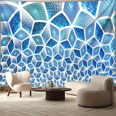 Tapiz de impresión estética geométrica 3D de cristal de tamaño extra grande de 1 pieza, poliéster Fi Foto 1 de 4