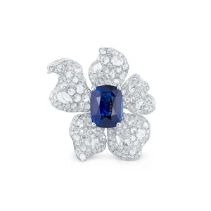 Anillo de oro blanco de 18 quilates coleccionable con zafiro azul profundo y flores de diamantes VS - Imagen 1 de 2