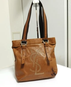 [Exc+5] Yves Saint Laurent rive gauche Studs Logo Brown washed Leather Tote Bag - Picture 1 of 11