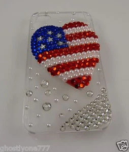 For Iphone i phone 4 4S All American Heart US Flag Bling crystal case Patriotic - Picture 1 of 5