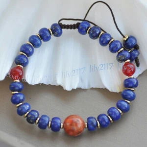 Bracciale regolabile 5x8mm blu lapislazzuli rondelle perline corallo rosso gemme 7,5'' - Foto 1 di 4