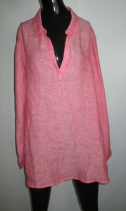 NWT TAHARI Siz 2X 100% Linen Orange Coral Roll Button Tab Sleeve Tunic Big Shirt - Picture 1 of 9