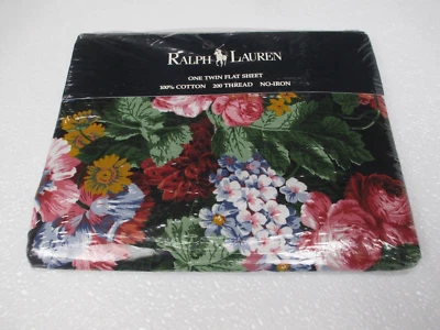 Rare New Ralph Lauren ISADORA COSSETTE Black Floral Flat Sheet - Twin - Image 1 of 4