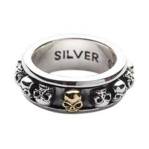 SKULL 14K YELLOW GOLD SOLID 925 STERLING SILVER SPINNER RING GOTHIC SPIN BIKER - Picture 1 of 5