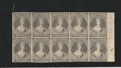 Nueva Zelanda 2 peniques negro prueba color tarjeta prueba bloque de 10. Foto 1 de 2