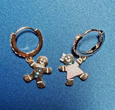 Betsey Johnson Gold Tone Huggie Hoop Earrings Gingerbread Man & Girl Charm - Image 1 of 4