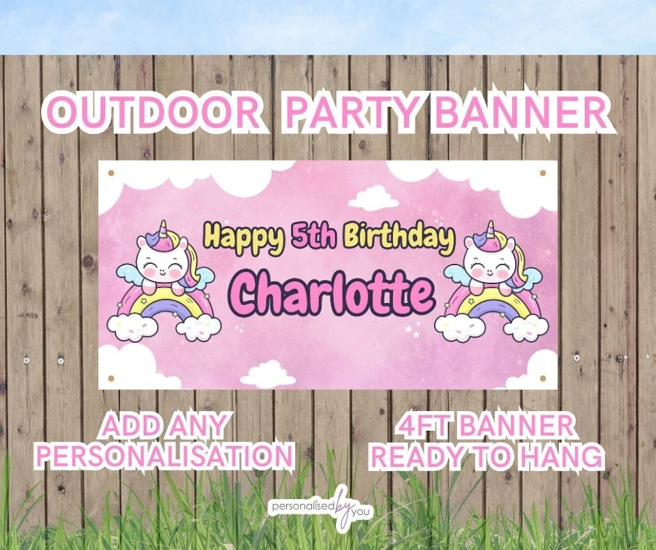 Tema unicornio exterior personalizado rosa cumpleaños pancartas grandes 4 pies añadir cualquier nombre Foto 1 de 1