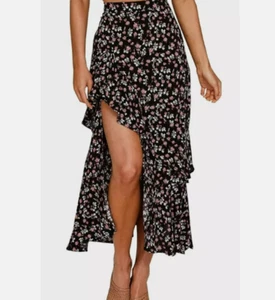 NWT~BTFBM Women's LRG Midi/Maxi Skirt Black Floral High Low Hem Tiered Ruffles - Picture 1 of 9