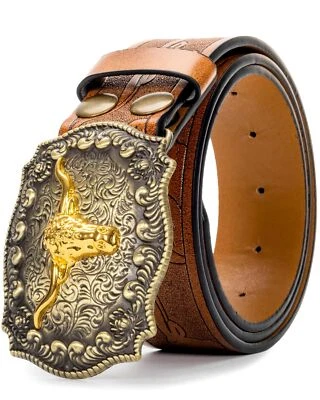 Western Cowboy-Belts for Men Women Big-Buckle Longhorn-Bull PU-Leather Rodeo Cow - Image 1 of 4