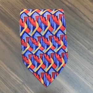 ERMENEGILDO ZEGNA TIE 100% SILK MADE IN ITALY BLUE GOLD BURNT ORANGE GEOMETRIC - Picture 1 of 8