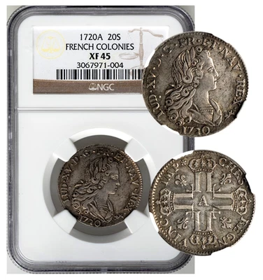 French Colonies 1720-A Silver 1/3 Ecu , NGS XF-45, "Petit Louis",  Gadoury-305 - Image 1 of 4