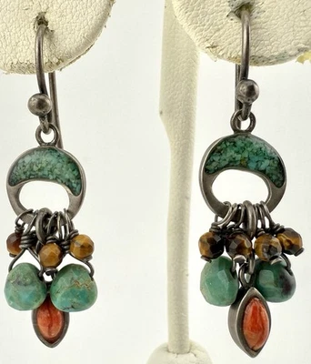 SILPADA W1523 925 TURQUOISE CORAL TIGERS EYE DANGLE EARRINGS K3B - Image 1 of 4