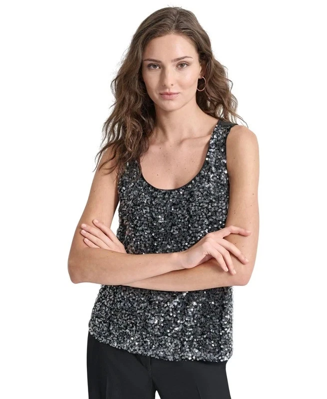 DKNY Womens Black Sequin Sleeveless Tank Top Size L