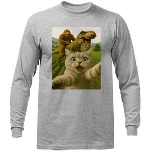 Funny Cat Selfie with Bigfoot Riding T-rex Dinosaur Funny Humorous Long Sleeve - Foto 1 di 14