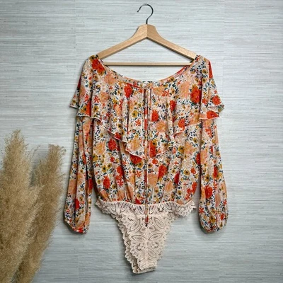 Free People bodysuit floral ruffled long sleeve bell sleeve polka dot chiffon XS - Image 1 of 4
