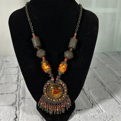 Bohemian Boho Bronze Orange Amber Chunky Statement Necklace 19” - Image 1 of 4