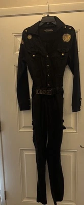 Y2K COOGI Jumpsuit Women's XL Black And Gold Buttons Snap Closure Logo Belt - Image 1 of 4