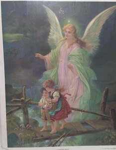 Vintage Art Print Guardian Angel Watching Over Children Crossing Bridge 15x12 - Picture 1 of 8