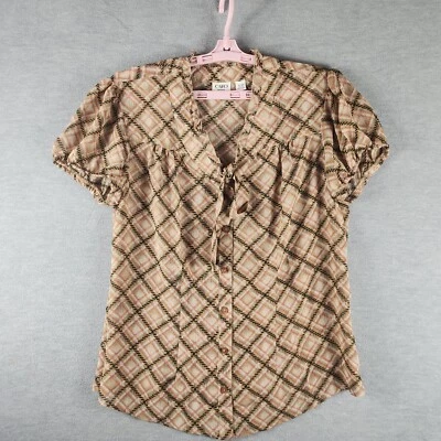 Blusa a Cuadros Semi Transparente Cato Mujer 14W 16W Marrón Volantes Preppy Escote Corbata Usada en Excelente Condición Foto 1 de 4