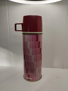 Vintage Thermos King Seely Thermos Bottle Cup Red Squares Pink - No Stopper - Picture 1 of 6