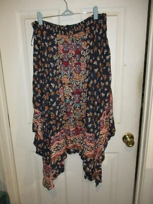 Saia Lola P. Rayon Lenço Bainha Boêmia Midi Azul Escuro Com Floral Novas Etiquetas M - Imagem 1 de 4