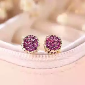 2Ct Lab-Created Pink Ruby Women's Cluster Stud Earring 14K Yellow Gold Plated - Picture 1 of 5