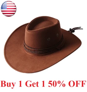 Mens Faux Leather Fashion Bucket Cap Cowboy Fedora Hat Wide Brim Outdoor Hats - Picture 1 of 9
