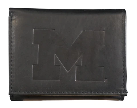 Michigan Wolverines Distressed Look Embossed Logo Black Leather Trifold Wallet Cover