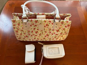Liz Claiborne White Pink Red Floral Shoulder Bag Handbag Purse with Accessories - Picture 1 of 7