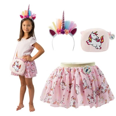 Printed Unicorn Dress Tutu 3pc Set Toy Purse & Hairband Girl Toys Halloween Pink - Image 1 of 4