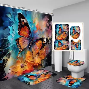 4 Pcs Flower Butterfly Shower Curtain Set with Non-Slip Rug, Toilet Lid Cover an - Picture 1 of 12