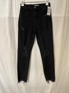 SO Juniors Size 0 Waist 24" Black High Rise Mom Jeans Distressed Stretch Raw Hem - Picture 1 of 6