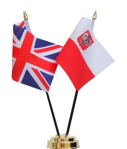 United Kingdom UK & Poland Eagle Double Friendship Table Flag Set - Picture 1 of 2