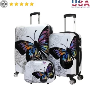 Expandable 3-Piece Spinner Luggage Set Hardside Butterfly TSA Lock 360 Wheels US - Picture 1 of 6