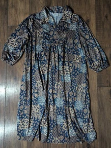 Only Necessities Womens 1X Grannie Core Blue Gold Print Rayon Maxi Nightgown VTG - Picture 1 of 14