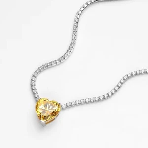 Yellow Lab created Diamond Tennis Heart Pendant Necklace Chain Sterling Silver - Picture 1 of 10