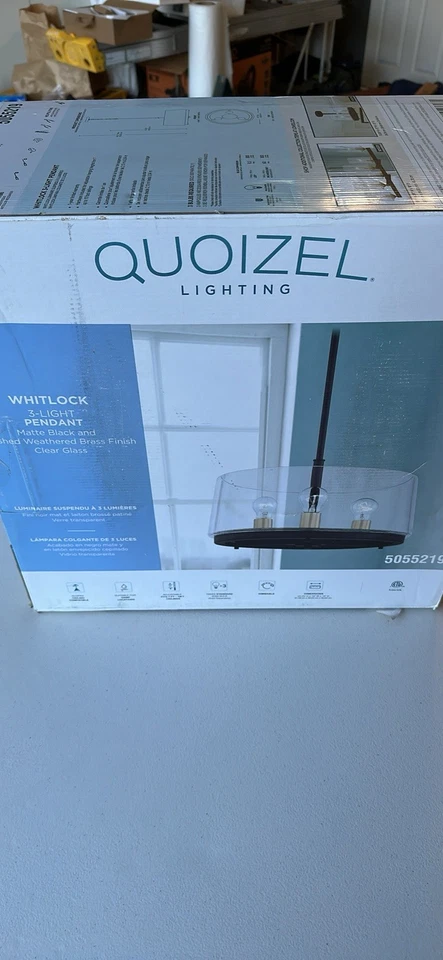 Nuevo en caja Colgante Quoizel Whitlock 3 luces negro mate y latón cepillado 5055219 Foto 1 de 3