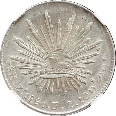 Mexico 8 Reales Zs 1891 F.Z. Zacatecas, NGC AU Details, Clened. KM# 377.13 - Image 1 of 4