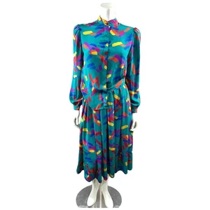 Vintage 80s Howard Wolf 100% Silk Skort Shirt Set Abstract Print Teal Size S/6 - Picture 1 of 16