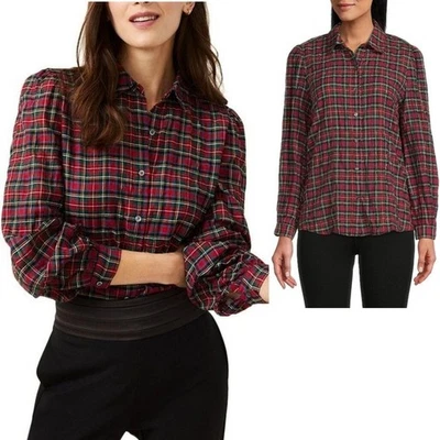 J.McLaughlin драгоценности кнопка блузка рубашка красная клетка длинным рукавом праздник классический - Изображение 1 из 4