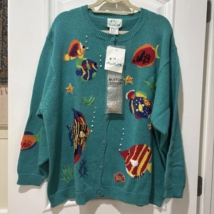 VTG.THE QUACKER FACTORY KNITS RARE CARDIGAN SWEATER MARINE LIFE FISH SZ 3X NWT - Picture 1 of 17