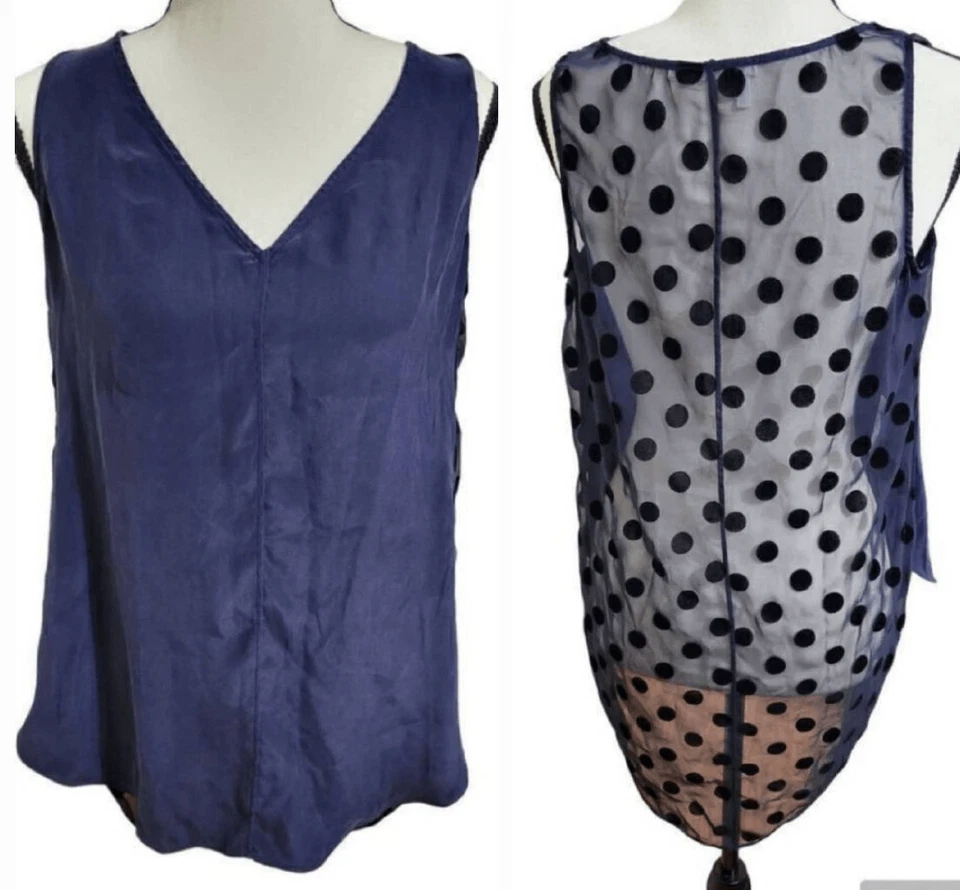 DEREK LAM Crosby Sz 6 Navy Silk Polka Dot Silk Sleeveless Blouse - Image 1 of 4