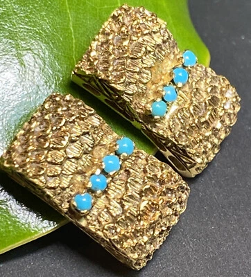 Vintage Turquoise Clip-On Earrings Estate Fine Jewelry Pre-Owned 18K Yellow Gold - Image 1 of 4