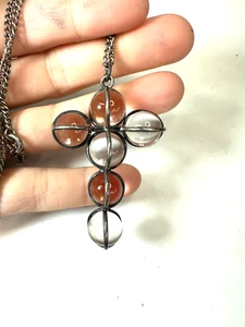 Vintage Necklace Cross Pendant Pools of Light Crystal Clear Orb Wrapped Silver - Picture 1 of 11