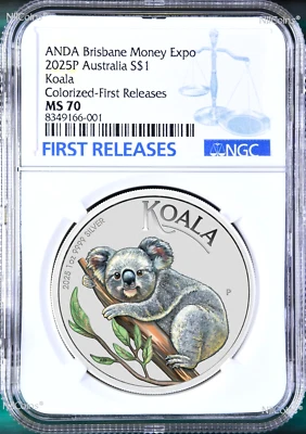 2025 ANDA Brisbane Money Show Colored Koala 1oz Silver Coin NGC MS70 FR - Image 1 of 2