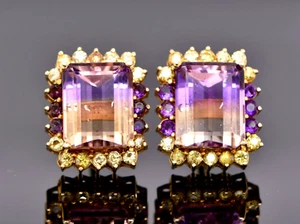 14k Yellow Gold Emerald Cut Large Ametrine Estate Stud Earrings Peridot Amethyst - Picture 1 of 8