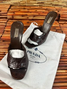 PRADA Vintage Crocodile Open Toe Cutout Mules Brown Chunky Mid Heels Sandals 5.5 - Picture 1 of 9