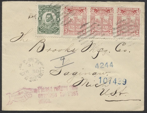 1910 Registered Cover, Curling BOI Newfoundland to USA, 1c and 2c John Guy Stamp Cover