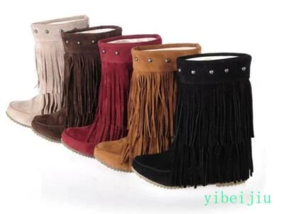 2025 Womens Rivet Tassel Fringe Mid Calf Hidden Wedge Moccasin Ankle Boots Shoes - Image 1 of 4